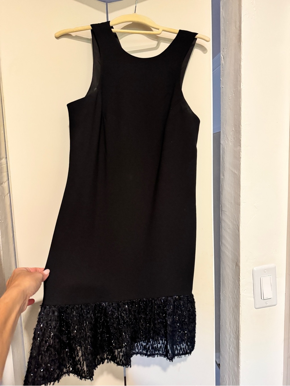 Trina Turk Black Sleeveless Shift Dress with Sequin Fringe